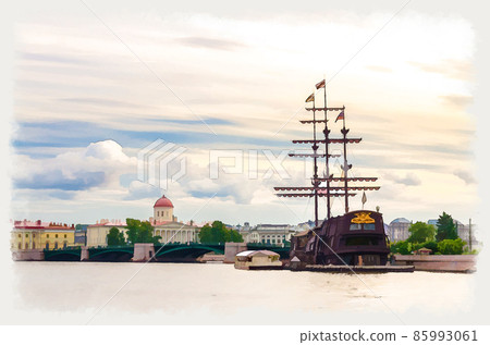 Watercolor drawing of Cityscape of Saint Petersburg Leningrad with bascule Exchange Bridge, sailboat wooden ship with mast Watercolor drawing of Cityscape of Saint Petersburg Leningrad with bascule Exchange Bridge, sailboat wooden ship with mast 85993061