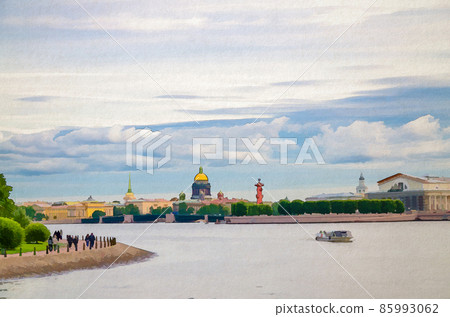 Watercolor drawing of Cityscape of Saint Petersburg Leningrad city, Palace Bridge bascule Neva river, Saint Isaac's Cathedral 85993062