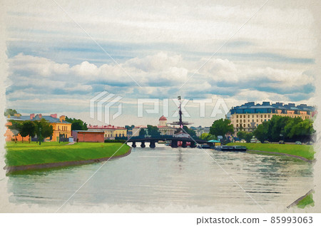 Watercolor drawing of Kronverksky Strait channel between Zayachy Hare and Petrogradsky Island with Kronverk bridge, oats and wooden ship Watercolor drawing of Kronverksky Strait channel between Zayachy Hare and Petrogradsky Island with Kronverk bridge, oats and wooden ship 85993063