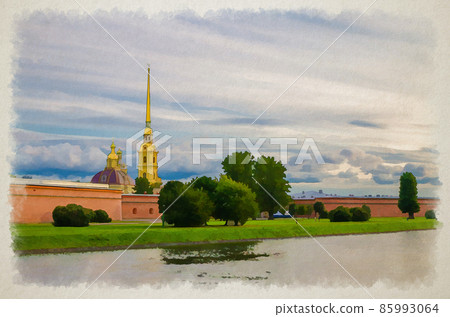 Watercolor drawing of The Peter and Paul Fortress, Saints Peter and Paul Cathedral Orthodox church, fortress on Zayachy Hare Island, Kronverksky Strait 85993064