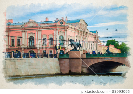 Watercolor drawing of Saint Petersburg: Anichkov Bridge is the oldest bridge across the Fontanka River with The Horse Tamers sculptures Watercolor drawing of Saint Petersburg: Anichkov Bridge is the oldest bridge across the Fontanka River with The Horse Tamers sculptures 85993065