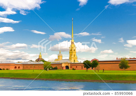 Watercolor drawing of The Peter and Paul Fortress, Saints Peter and Paul Cathedral Orthodox church, fortress walls on Zayachy Hare Island 85993066