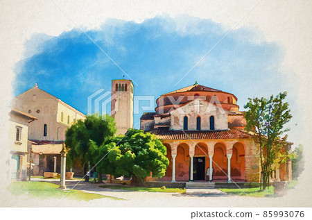 Watercolor drawing of Church of Santa Fosca building on Torcello island, Cathedral of Santa Maria Assunta with bell tower campanile Watercolor drawing of Church of Santa Fosca building on Torcello island, Cathedral of Santa Maria Assunta with bell tower campanile 85993076