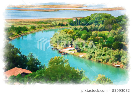 Watercolor drawing of Aerial view of Torcello islands, water canal with fishing boats, green trees and bushes, swamp. View of Venetian Lagoon 85993082