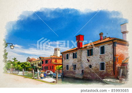 Watercolor drawing of Torcello island with embankment promenade along water canal with motor boats and colorful buildings Watercolor drawing of Torcello island with embankment promenade along water canal with motor boats and colorful buildings 85993085