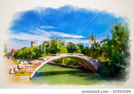 Watercolor drawing of Stone Devil bridge across water canal on Torcello island, embankment promenade along water canal, green trees and blue sky 85993086