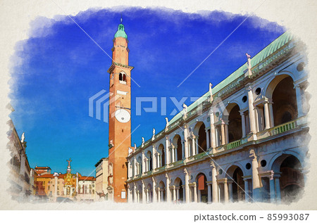 Watercolor drawing of Basilica Palladiana renaissance building, Torre Bissara clock tower and Loggia del Capitaniato Lodge in Piazza dei Signori square 85993087