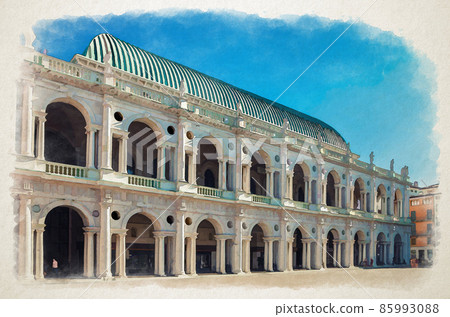 Watercolor drawing of Basilica Palladiana renaissance building with balconies and columns in Piazza dei Signori square in old historical city centre of Vicenza city Watercolor drawing of Basilica Palladiana renaissance building with balconies and columns in Piazza dei Signori square in old historical city centre of Vicenza city 85993088