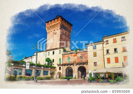 Watercolor drawing of Porta Castello Tower Torre and Gate Terrazza Torrione brick building in old historical city centre of Vicenza city 85993089