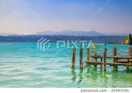 Watercolor drawing of Garda lake with blue azure turquoise water and wooden pier dock, coast with mountain range, blue sky background Watercolor drawing of Garda lake with blue azure turquoise water and wooden pier dock, coast with mountain range, blue sky background 85993090