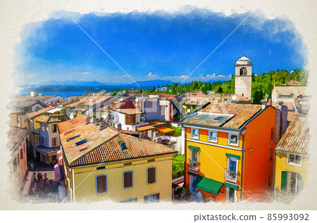 Watercolor drawing of aerial panoramic view of Sirmione town historical centre, multicolored colorful buildings with red tiled roofs 85993092
