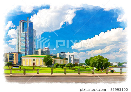Watercolor drawing of cityscape of Minsk city with skyscrapers on Pobediteley Peramohi Avenue in Nemiga district near embankment of Svislach river 85993100