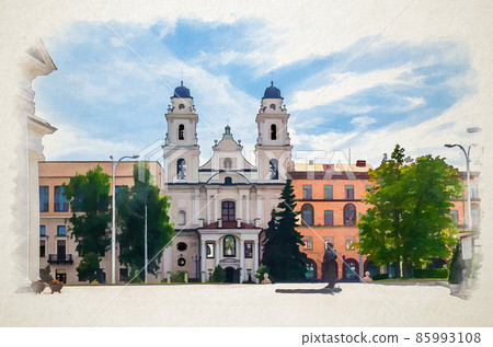 Watercolor drawing of Minsk: Cathedral of Holy Name of Saint Virgin Mary Roman Catholic church baroque style building on Freedom Svabody square Watercolor drawing of Minsk: Cathedral of Holy Name of Saint Virgin Mary Roman Catholic church baroque style building on Freedom Svabody square 85993108