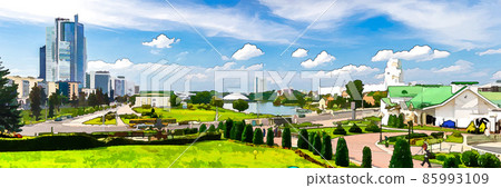 Watercolor drawing of panorama of Minsk city with skyscrapers on Pobediteley Peramohi Avenue in Nemiga district near embankment of Svislach river Watercolor drawing of panorama of Minsk city with skyscrapers on Pobediteley Peramohi Avenue in Nemiga district near embankment of Svislach river 85993109