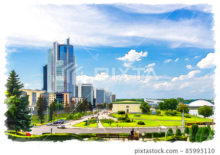 Watercolor drawing of cityscape of Minsk city with skyscrapers on Pobediteley Peramohi Avenue in Nemiga district near embankment of Svislach river 85993110