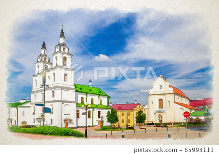 Watercolor drawing of Holy Spirit Cathedral Orthodox Church Baroque style building and Church of St. Joseph in Upper Town Minsk historical city centre Watercolor drawing of Holy Spirit Cathedral Orthodox Church Baroque style building and Church of St. Joseph in Upper Town Minsk historical city centre 85993111