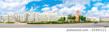 Watercolor drawing of Panorama of Independence Square in Minsk city centre with Government House and Saints Simon 85993121