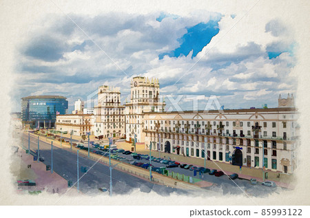 Watercolor drawing of Minsk aerial panoramic view of Railway Station Square with The Gates of Minsk two tall towers Socialist Classicism style Watercolor drawing of Minsk aerial panoramic view of Railway Station Square with The Gates of Minsk two tall towers Socialist Classicism style 85993122