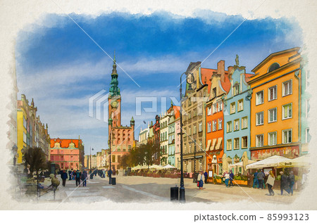 Watercolor drawing of Gdansk cityscape with people tourists walking down Dluga Long Market pedestrian street Dlugi targ square Watercolor drawing of Gdansk cityscape with people tourists walking down Dluga Long Market pedestrian street Dlugi targ square 85993123