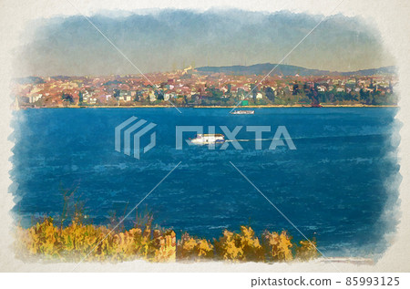 Watercolor drawing of Cityscape of Istanbul city historical centre with ship boat sailing water of Bosporus Bosphorus Strait of Istanbul Watercolor drawing of Cityscape of Istanbul city historical centre with ship boat sailing water of Bosporus Bosphorus Strait of Istanbul 85993125