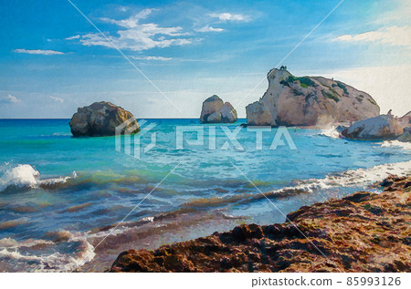 Watercolor drawing of Aphrodite Beach with Stone Rocks in Aphrodite bay of Mediterranean sea water, blue sky in sunny day Watercolor drawing of Aphrodite Beach with Stone Rocks in Aphrodite bay of Mediterranean sea water, blue sky in sunny day 85993126