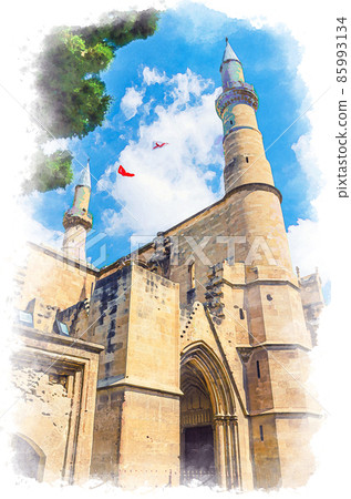 Watercolor drawing of Selimiye Mosque or Cathedral of Saint Sophia or Ayasofya Mosque building with minarets in North Nicosia Watercolor drawing of Selimiye Mosque or Cathedral of Saint Sophia or Ayasofya Mosque building with minarets in North Nicosia 85993134