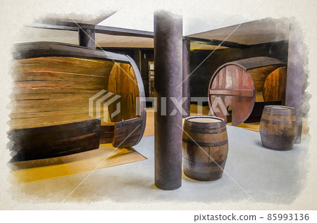 Watercolor drawing of wine barrel in basement cellar 85993136