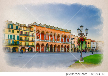 Watercolor drawing of Padua cityscape with Palazzo Loggia Amulea palace neogothic style building and street lights on Piazza Prato della Valle square Watercolor drawing of Padua cityscape with Palazzo Loggia Amulea palace neogothic style building and street lights on Piazza Prato della Valle square 85993160