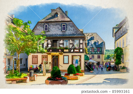 Watercolor drawing of Rudesheim am Rhein: cobblestone square and traditional german houses and buildings with typical wooden wall fachwerk Watercolor drawing of Rudesheim am Rhein: cobblestone square and traditional german houses and buildings with typical wooden wall fachwerk 85993161