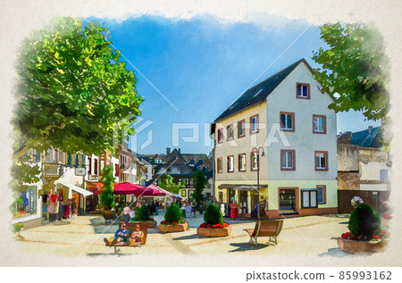 Watercolor drawing of Rudesheim am Rhein: cobblestone square and traditional german houses and buildings with typical wooden wall fachwerk Watercolor drawing of Rudesheim am Rhein: cobblestone square and traditional german houses and buildings with typical wooden wall fachwerk 85993162