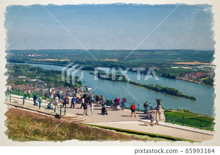 Watercolor drawing of Rudesheim am Rhein: people tourists on view platform Niederwald hill overview river Rhine Gorge Valley with vineyards green fields Watercolor drawing of Rudesheim am Rhein: people tourists on view platform Niederwald hill overview river Rhine Gorge Valley with vineyards green fields 85993164