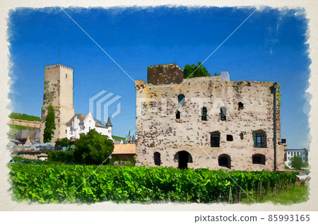 Watercolor drawing of Vineyards green field, Bromserburg medieval stone lowland castle building and stone tower in Rudesheim am Rhein 85993165
