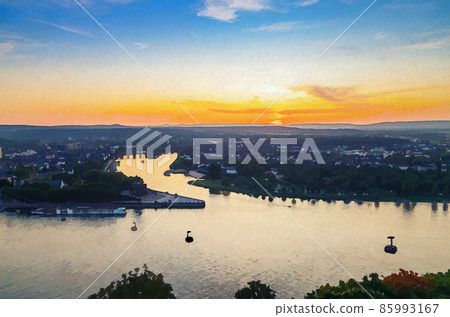 Watercolor drawing of Aerial panoramic view of Koblenz historical city centre and joining Rhine and Moselle rivers, evening 85993167