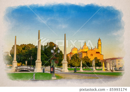 Watercolor drawing of Padua cityscape with statues near bridge across small canal on Piazza Prato della Valle square in historical city centre Watercolor drawing of Padua cityscape with statues near bridge across small canal on Piazza Prato della Valle square in historical city centre 85993174