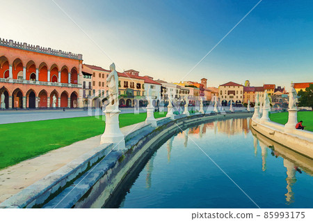 Watercolor drawing of Padua cityscape with Palazzo Loggia Amulea palace neogothic style building and statues near small canal Watercolor drawing of Padua cityscape with Palazzo Loggia Amulea palace neogothic style building and statues near small canal 85993175