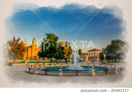 Watercolor drawing of Padua cityscape with fountain on Piazza Prato della Valle square in historical city centre and Abbey of Santa Giustina church Watercolor drawing of Padua cityscape with fountain on Piazza Prato della Valle square in historical city centre and Abbey of Santa Giustina church 85993177