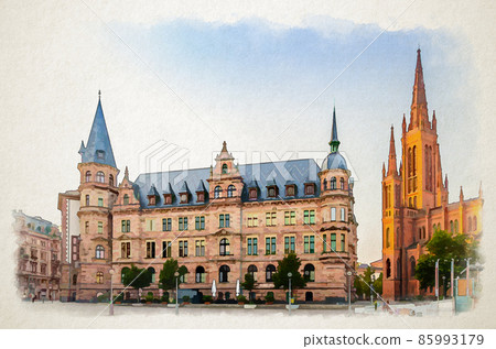 Watercolor drawing of Wiesbaden cityscape with Evangelical Market Protestant church or Marktkirche and City Palace Stadtschloss or New Town Hall 85993179