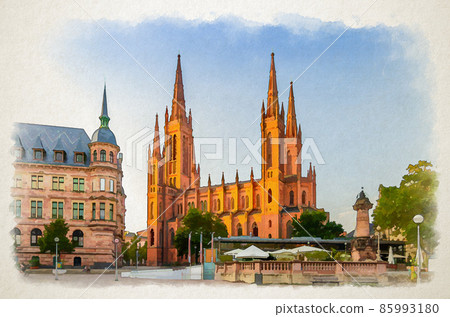 Watercolor drawing of Wiesbaden cityscape with Evangelical Market Protestant church or Marktkirche and City Palace Stadtschloss or New Town Hall 85993180
