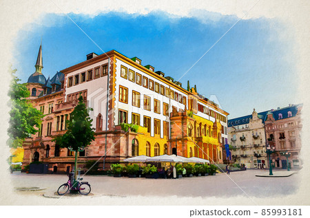 Watercolor drawing of Wiesbaden City Palace Stadtschloss or New Town Hall Rathaus neo-classical style building on Schlossplatz Palace Square Watercolor drawing of Wiesbaden City Palace Stadtschloss or New Town Hall Rathaus neo-classical style building on Schlossplatz Palace Square 85993181