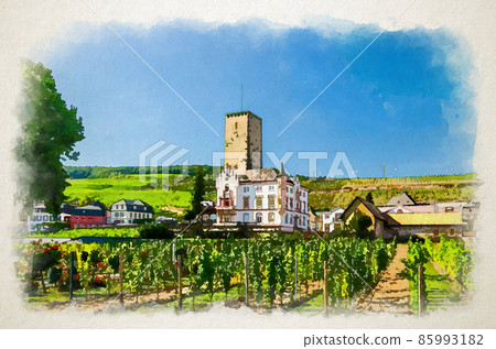 Watercolor drawing of Vineyards green field with grapevine wooden poles and stone tower building in Rudesheim am Rhein historical town centre Watercolor drawing of Vineyards green field with grapevine wooden poles and stone tower building in Rudesheim am Rhein historical town centre 85993182
