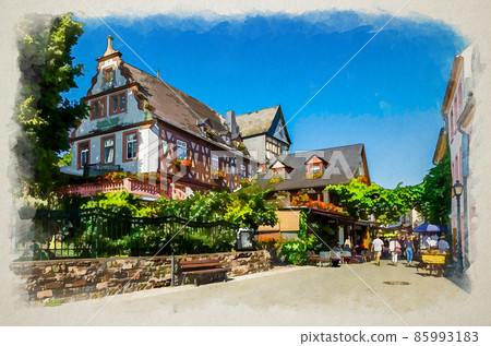 Watercolor drawing of Rudesheim am Rhein: cobblestone square and traditional german houses and buildings with typical wooden wall fachwerk Watercolor drawing of Rudesheim am Rhein: cobblestone square and traditional german houses and buildings with typical wooden wall fachwerk 85993183