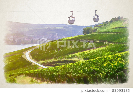 Watercolor drawing of Cable car on rope of cableway from Rudesheim am Rhein town to Roseneck mount above vineyards fields Watercolor drawing of Cable car on rope of cableway from Rudesheim am Rhein town to Roseneck mount above vineyards fields 85993185