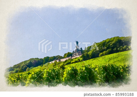 Watercolor drawing of Niederwalddenkmal Germania monument on Niederwald hill with vineyards green fields of Rhine river valley 85993188