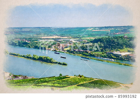 Watercolor drawing of Aerial panoramic view of river Rhine Gorge or Upper Middle Rhine Valley with vineyards green fields, trees forest hill Watercolor drawing of Aerial panoramic view of river Rhine Gorge or Upper Middle Rhine Valley with vineyards green fields, trees forest hill 85993192
