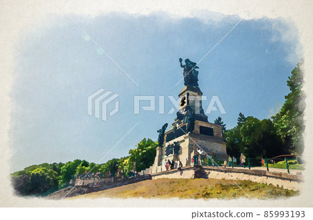 Watercolor drawing of Rudesheim am Rhein: Niederwalddenkmal Germania monument on Niederwald broad hill 85993193