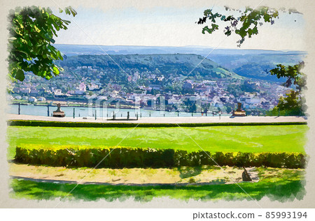 Watercolor drawing of Green grass lawn in forest on Niederwald broad hill on right bank of Rhine river, Rochusberg mountain Watercolor drawing of Green grass lawn in forest on Niederwald broad hill on right bank of Rhine river, Rochusberg mountain 85993194