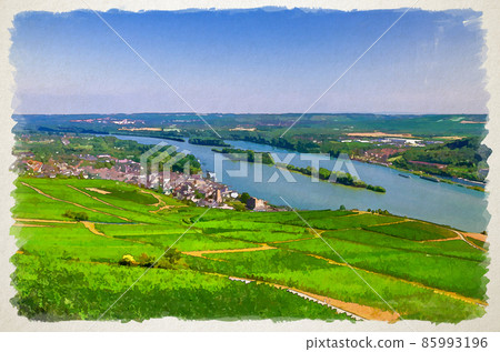 Watercolor drawing of Aerial panoramic view of river Rhine Gorge or Upper Middle Rhine Valley winemaking region with vineyards green fields Watercolor drawing of Aerial panoramic view of river Rhine Gorge or Upper Middle Rhine Valley winemaking region with vineyards green fields 85993196
