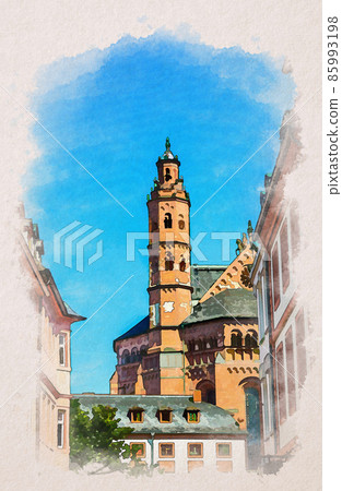 Watercolor drawing of Mainz Cathedral or St. Martin's Cathedral Roman catholic church building and traditional german houses 85993198