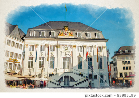 Watercolor drawing of Bonn: Old city hall or Altes Rathaus Bundesstadt Bonn Rococo style building and street restaurant on square 85993199