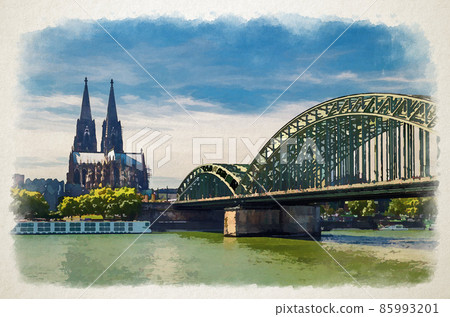 Watercolor drawing of Cologne cityscape of historical city centre with Cologne Cathedral Roman Catholic Church of Saint Peter gothic style Watercolor drawing of Cologne cityscape of historical city centre with Cologne Cathedral Roman Catholic Church of Saint Peter gothic style 85993201